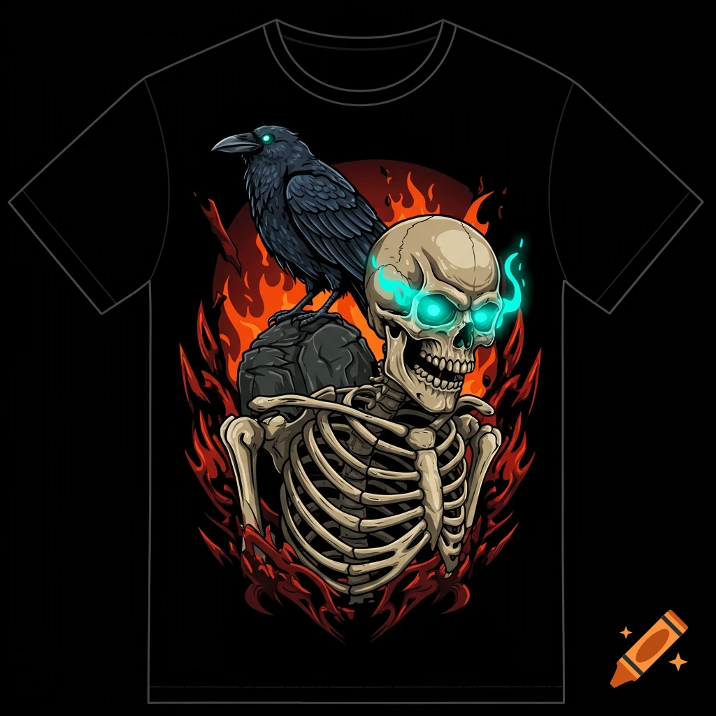 A vector t-shirt design featuring a skeletal bust with glowing blue eyes, a raven perched on a rock, and red-orange flames on a black background.