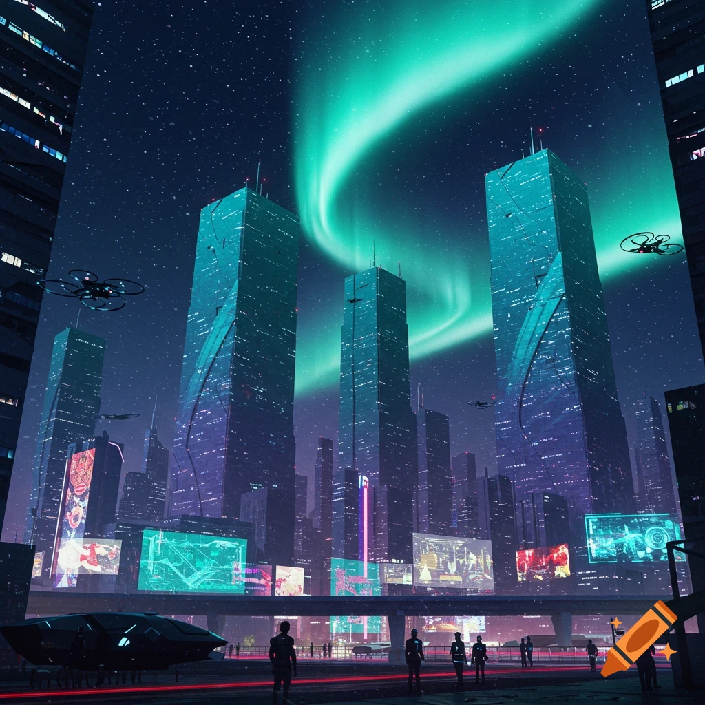 A vibrant futuristic cityscape at night under a glowing green aurora borealis, with towering skyscrapers, flying drones, and people on a street level.