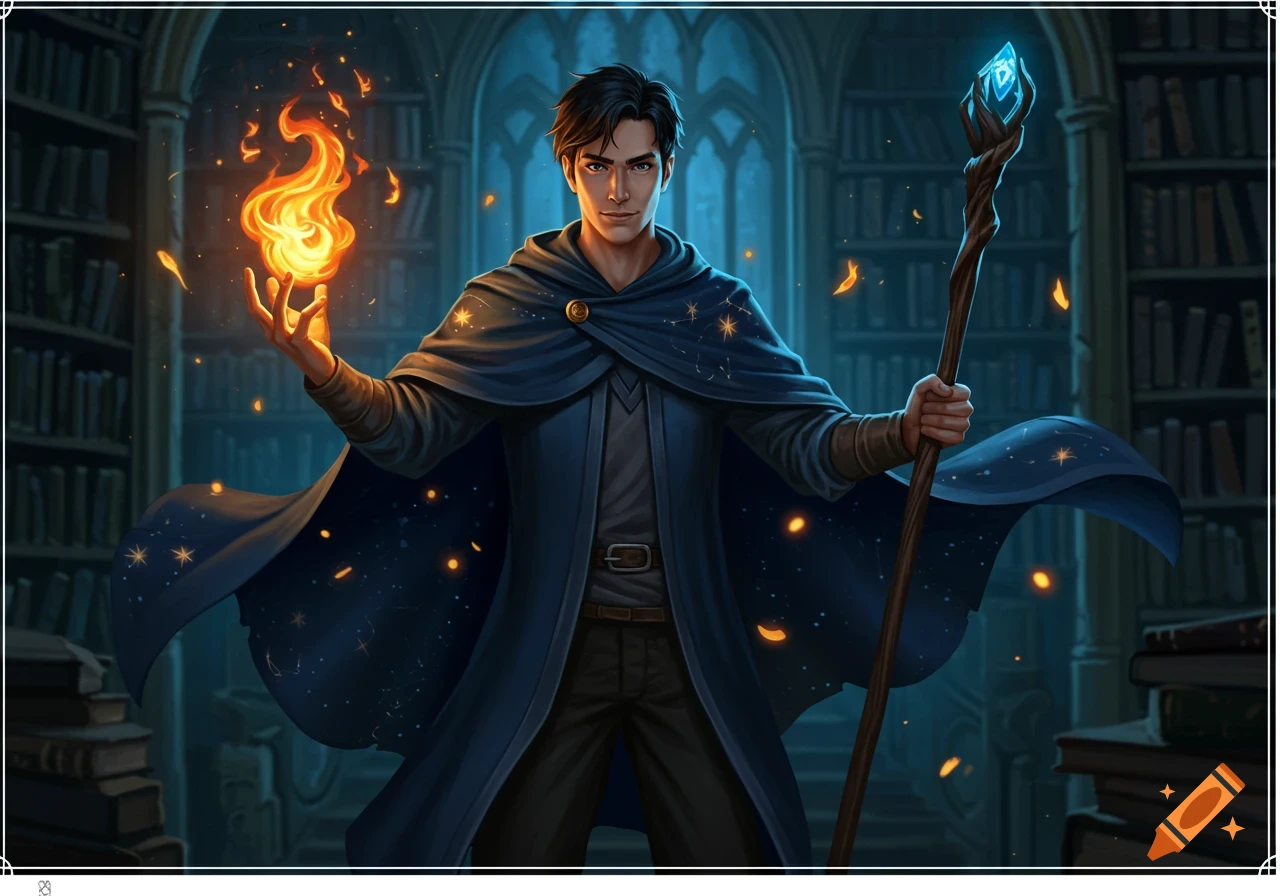 A young male wizard in a starry blue cape holds a glowing flame and a magic staff in a library, fantasy art style.
