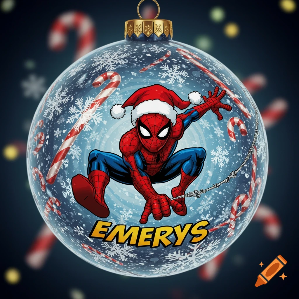 A Christmas ball ornament featuring Spider-Man in a Santa hat, surrounded by snowflakes and candy canes, with 'EMERYS' written below.
