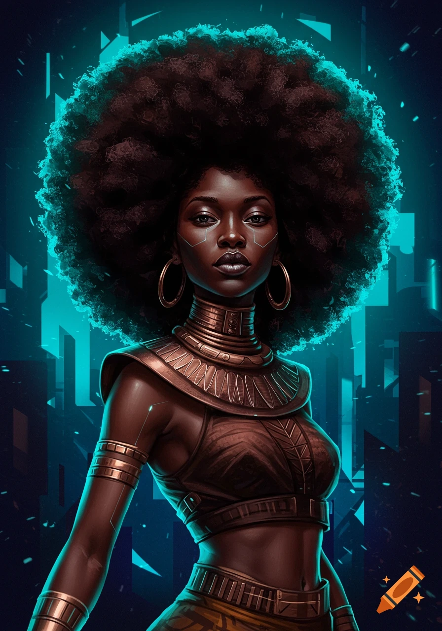 Portrait of a strong Black woman with a large Afro, wearing afrofuturistic armor, against a glowing blue sci-fi background.
