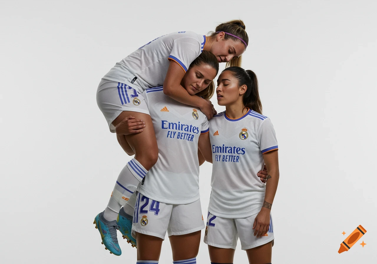 Three photorealistic women soccer players from Real Madrid in white uniforms pose during a photoshoot, one carrying another on her shoulders.