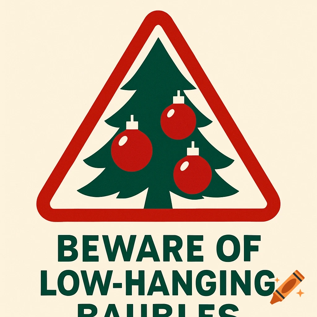 A stylized warning sign featuring a green Christmas tree with three red baubles inside a red triangular border. Below the sign, the text reads "BEWARE OF LOW-HANGING BAUBLES".