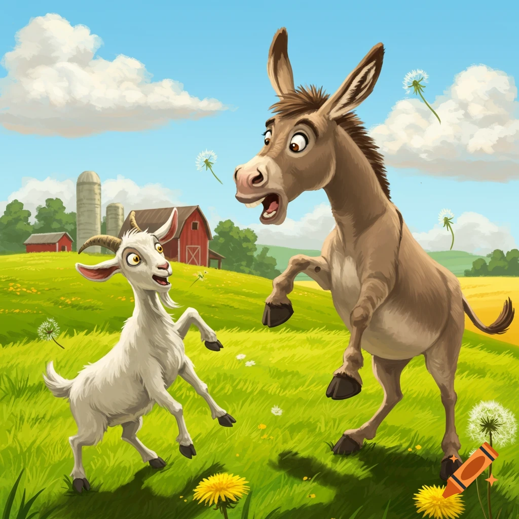 A cartoon donkey with a startled expression looks at a smiling goat in a green farm field with red barns and silos under a blue sky.
