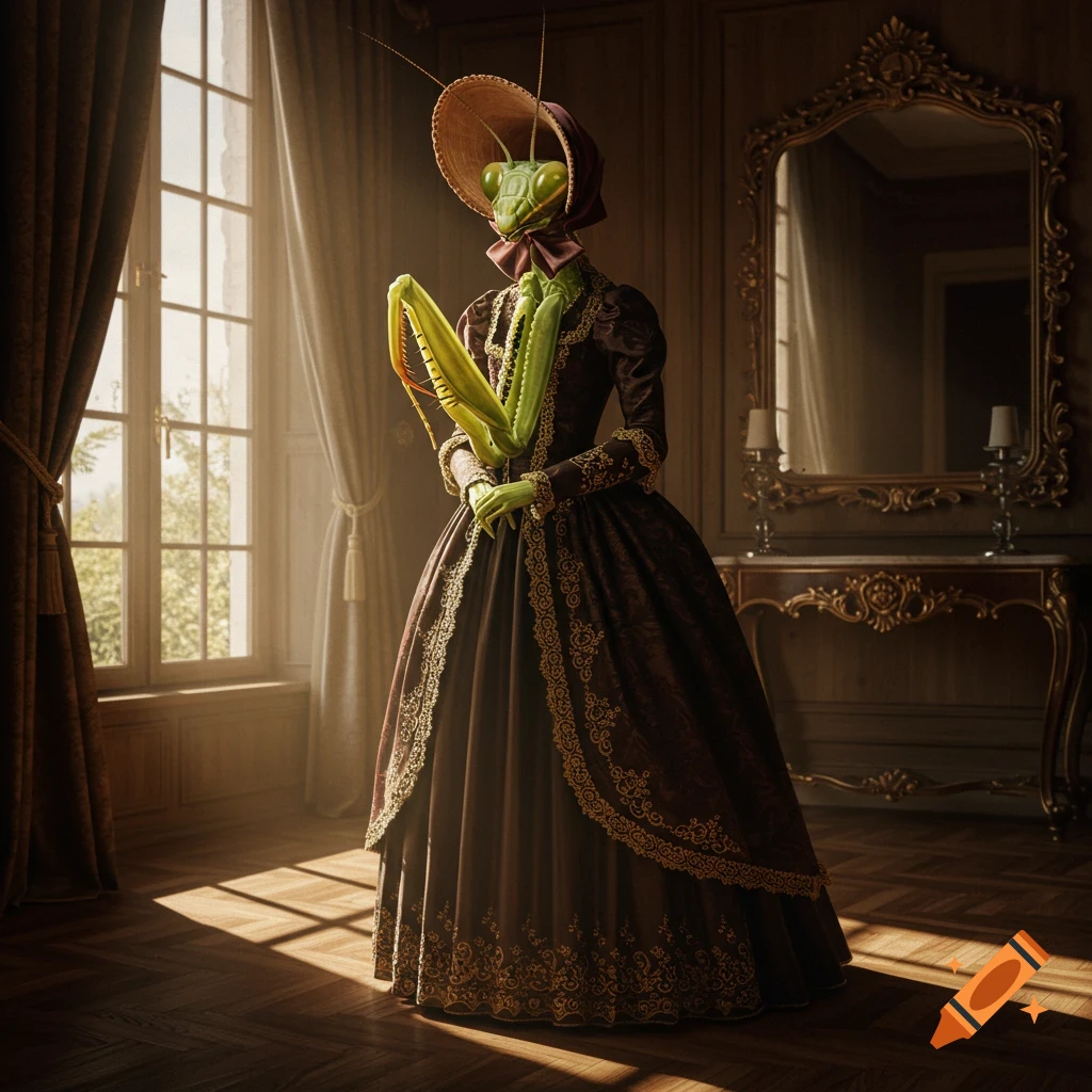 A photorealistic praying mantis in a dark, ornate historical gown and bonnet stands in a sunlit elegant room.