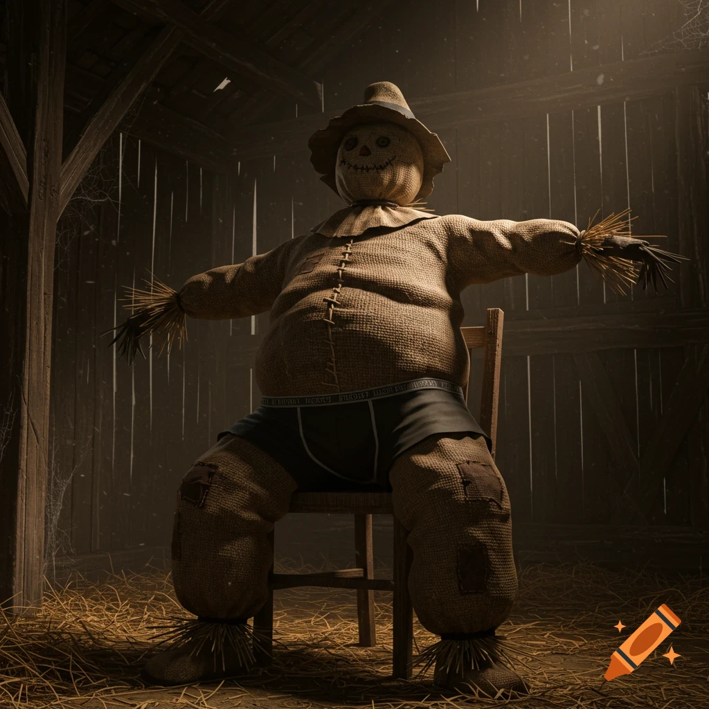A 3D render of an obese, sinister scarecrow wearing black boxers, sitting on a wooden chair in a dusty, abandoned barn.