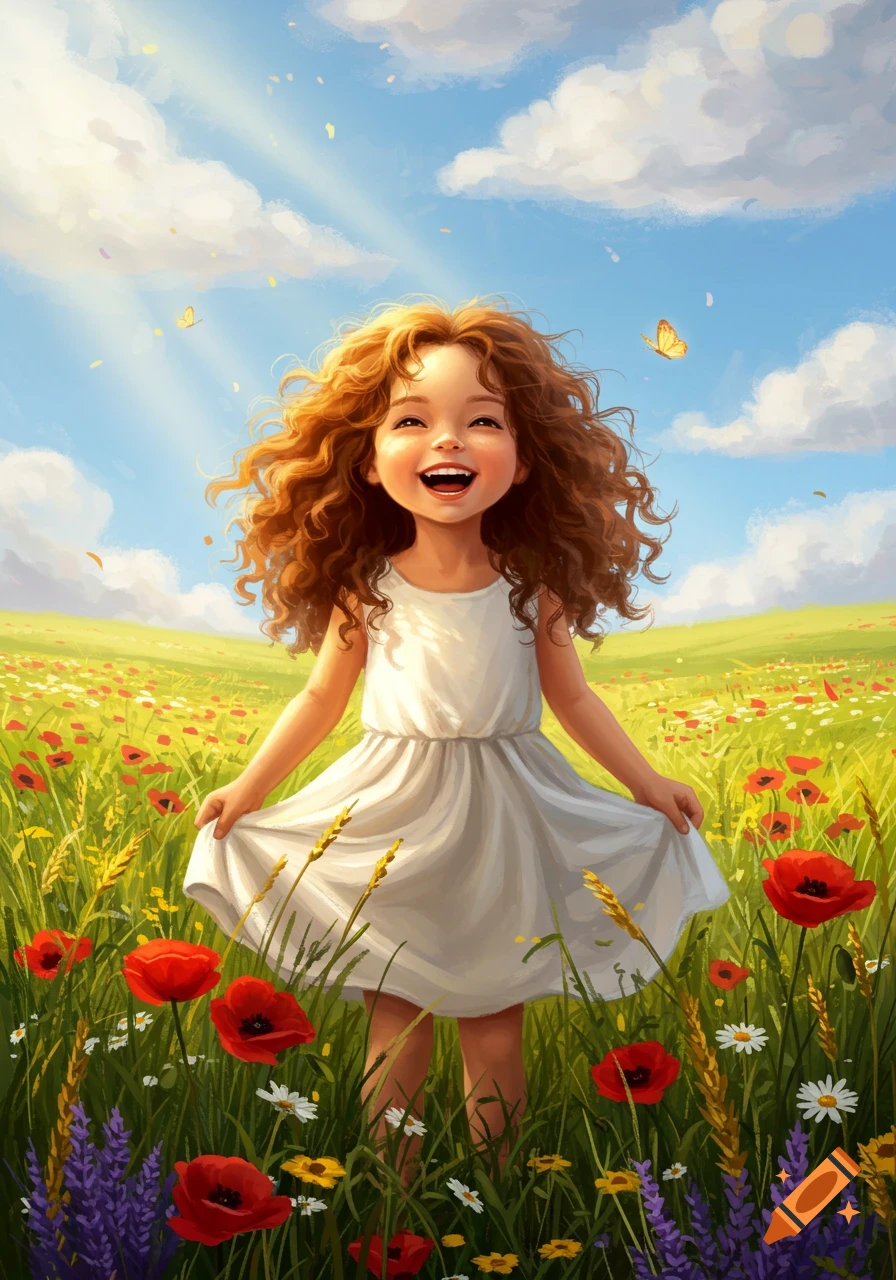 A happy young girl with curly red hair smiles brightly in a sunlit field of red and purple flowers under a blue sky.