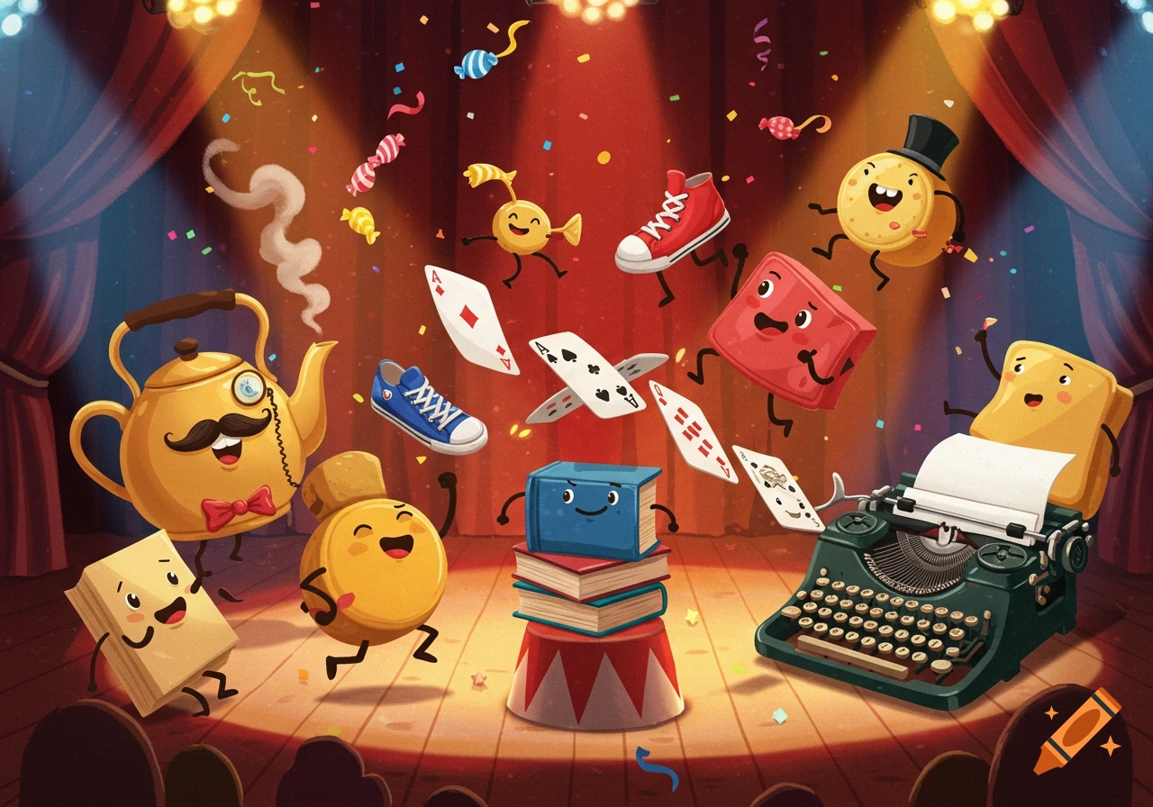 A whimsical cartoon illustration depicts animated household objects and playing cards performing on a red stage, surrounded by confetti.