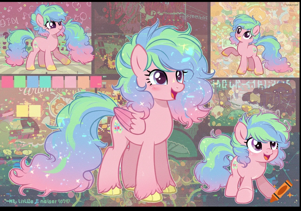 A pink My Little Pony OC with fluffy blue, green, and pink pastel mane and tail, featuring multiple poses on a glitchy, colorful scenecore background.