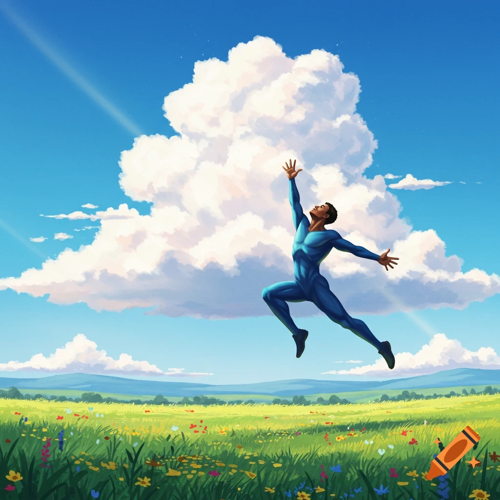 A man in a blue bodysuit leaps joyfully over a vibrant flower-filled meadow, stretching towards a huge cloud in a bright blue sky, illustration.