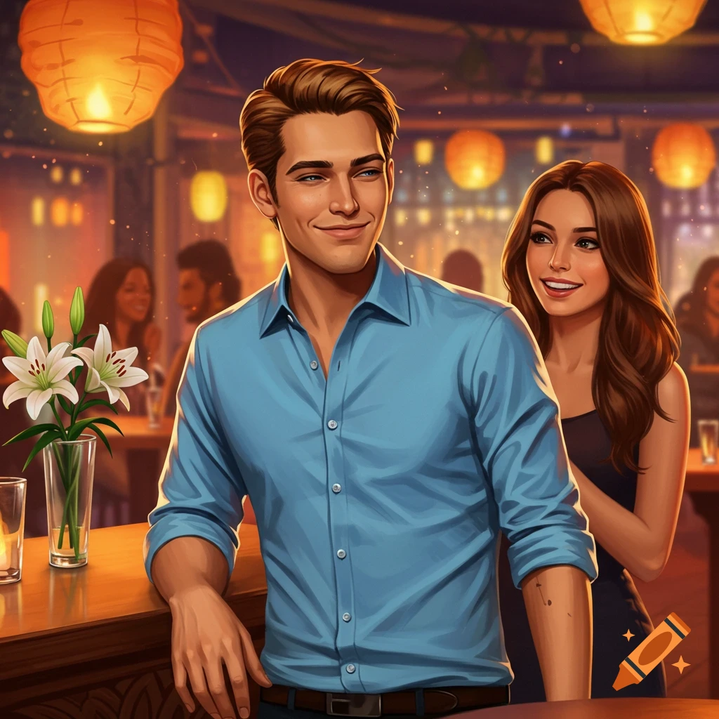 Digital art of a man leaning on a bar, smiling as a woman smiles at him from behind, in a cozy, dimly lit bar.