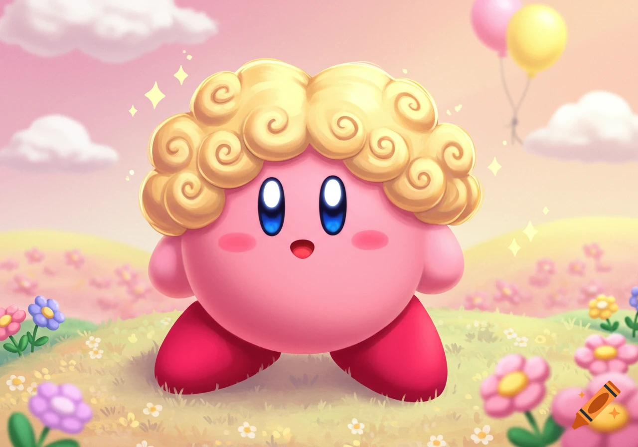 Kirby with curly blonde hair stands in a vibrant field of colorful flowers under a pastel sky with balloons.