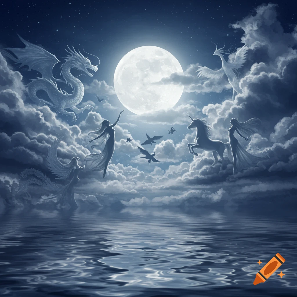A fantasy scene with a full moon illuminating a night sky. Clouds form a dragon, unicorn, phoenix, and silhouetted women over reflective water.