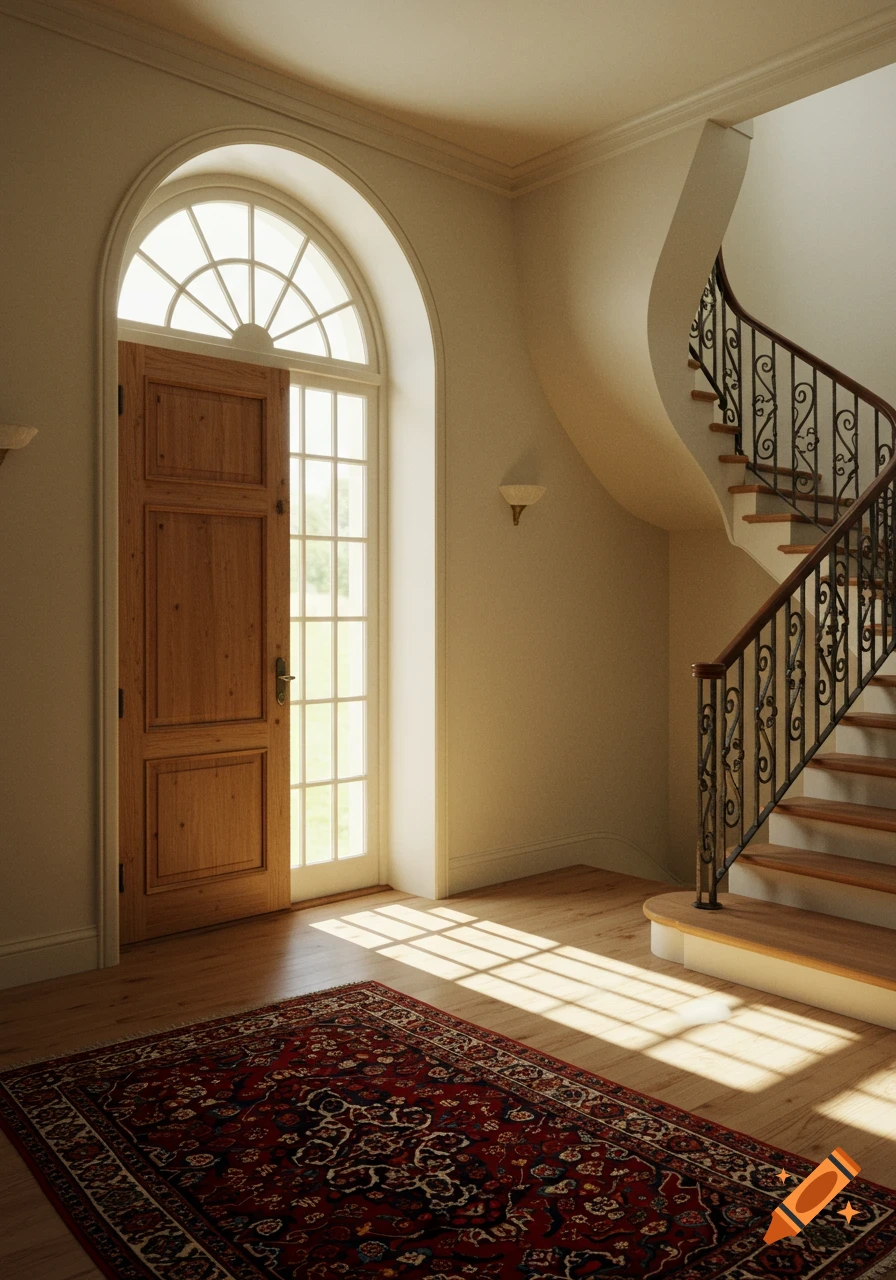 A grand house entrance with a tall arched wooden door, a sunlit window, a spiral staircase, and a red patterned rug on a wooden floor.