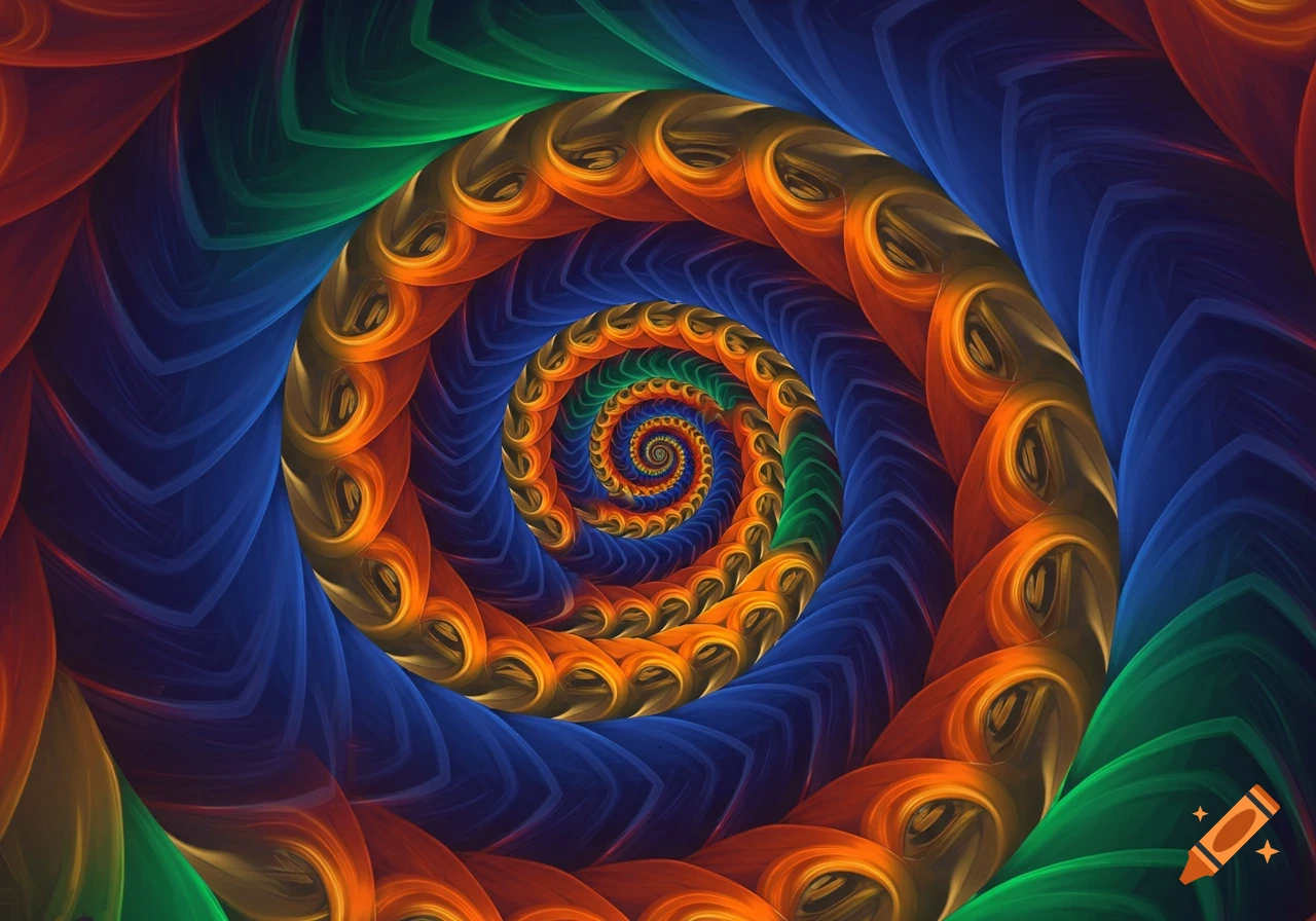 A vibrant, spiraling fractal pattern creates an optical illusion with interwoven red, orange, blue, and green bands.