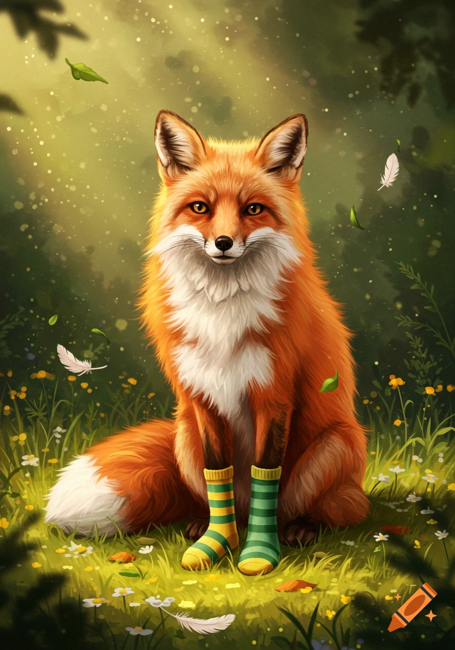 A whimsical illustration of a red fox sitting in a grassy field, wearing yellow and green striped socks.