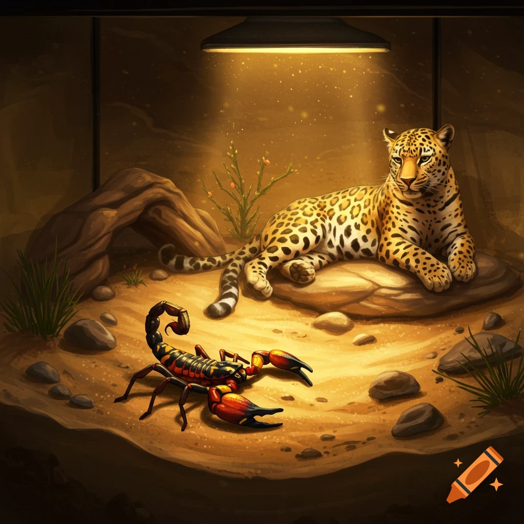 An illustrated leopard rests on a rock in a terrarium with a red, black, and yellow scorpion on the sand below.