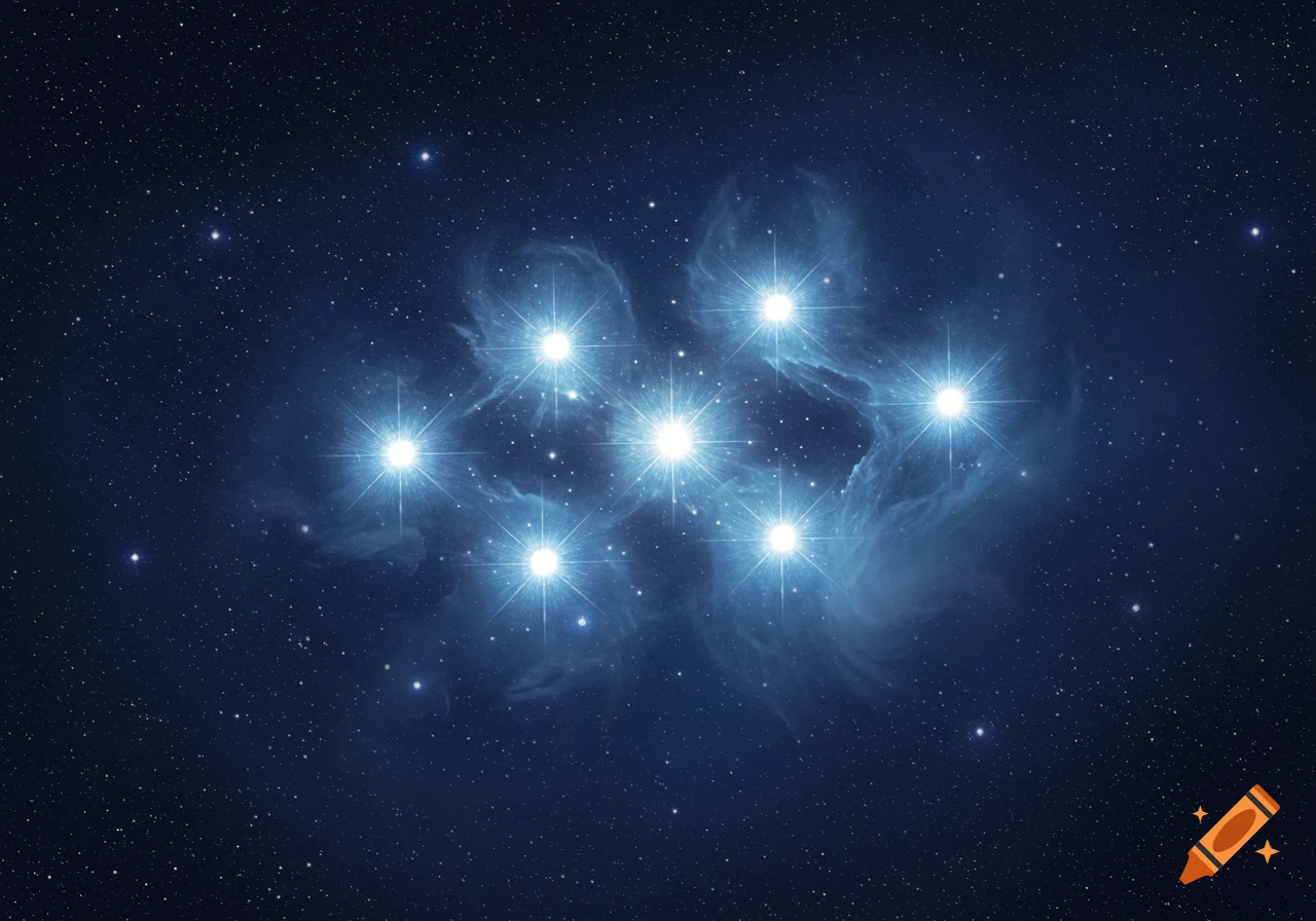 The Pleiades star cluster, featuring seven bright blue-white stars and a wispy blue nebula in a dark, starry night sky.