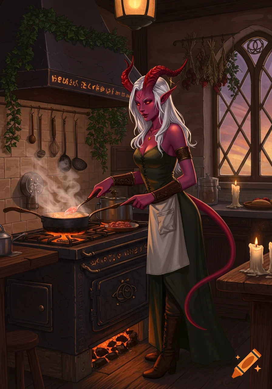 A white-haired, red-skinned tiefling woman with horns and a tail cooks at an old stove in a rustic fantasy kitchen.