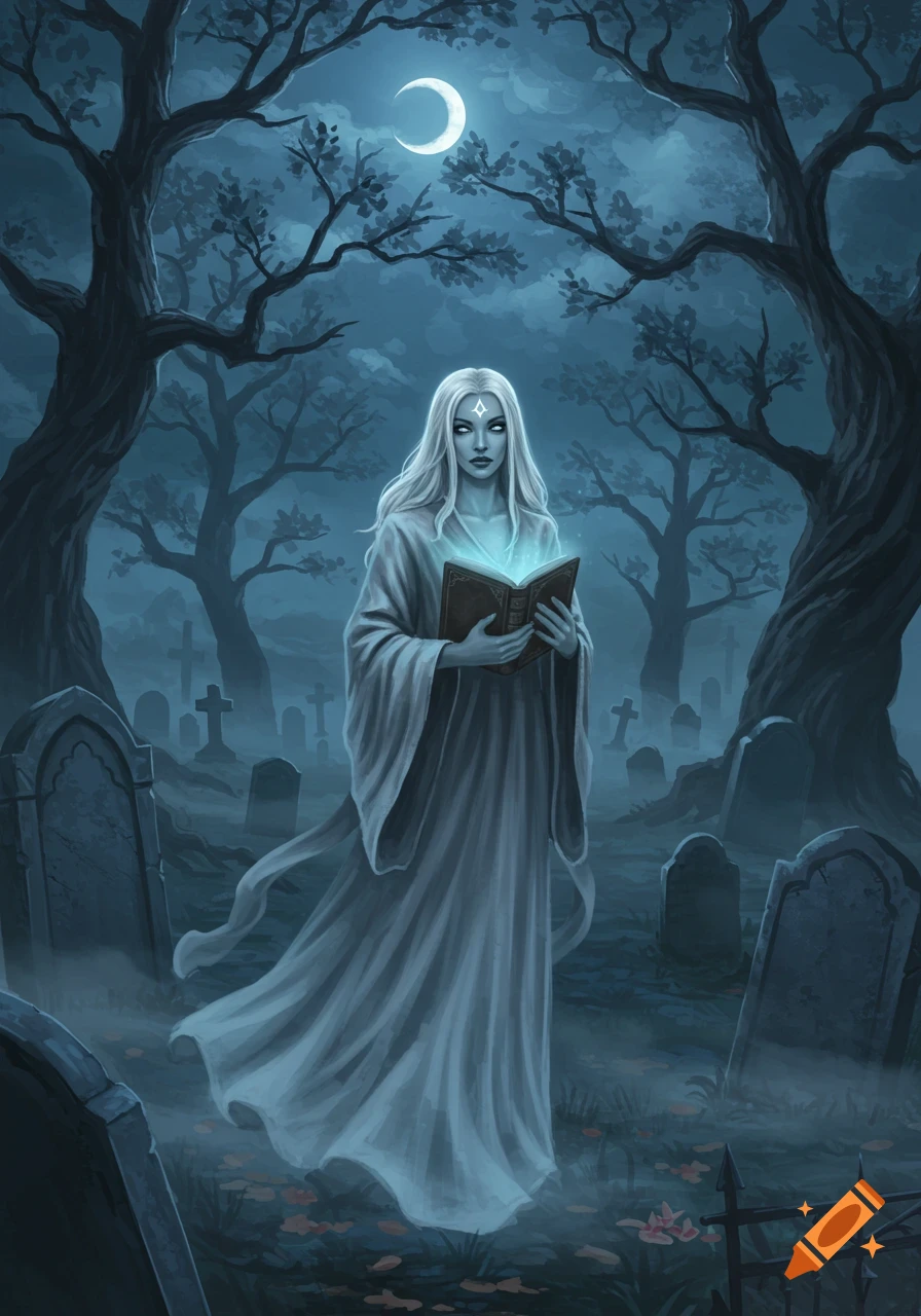 A spectral woman in a flowing white gown holds a glowing book in a misty graveyard under a crescent moon, digital art.