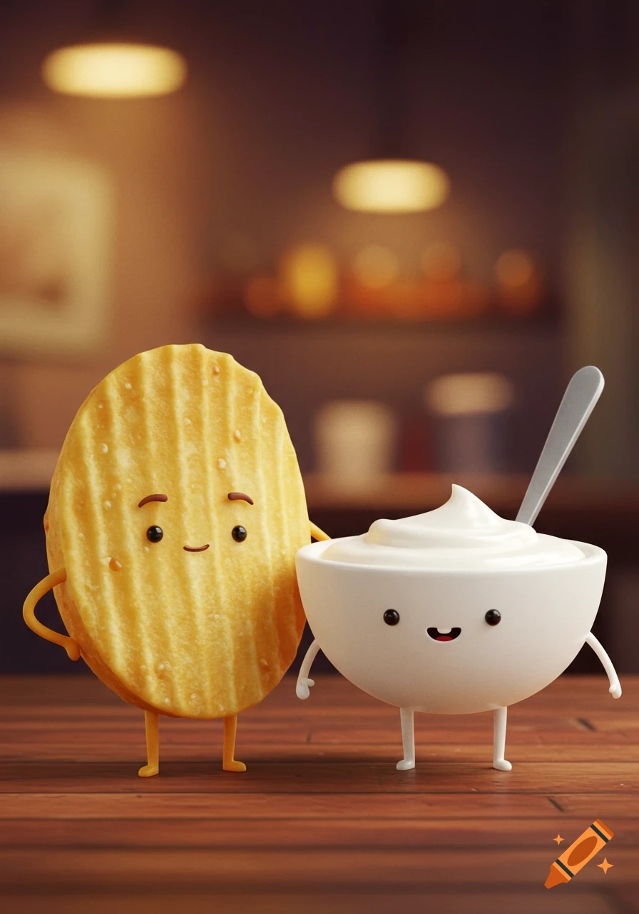 A smiling anthropomorphic ruffled potato chip next to a happy bowl of white dip with a spoon, 3D cartoon.