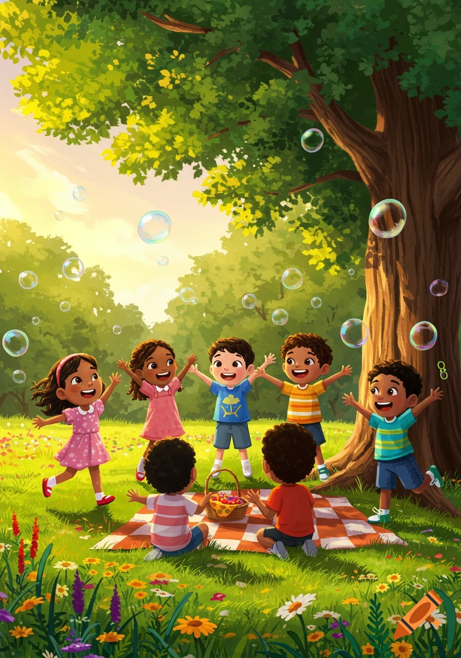A vibrant illustration of diverse children playing with bubbles in a sunny park with a large tree and a picnic blanket.