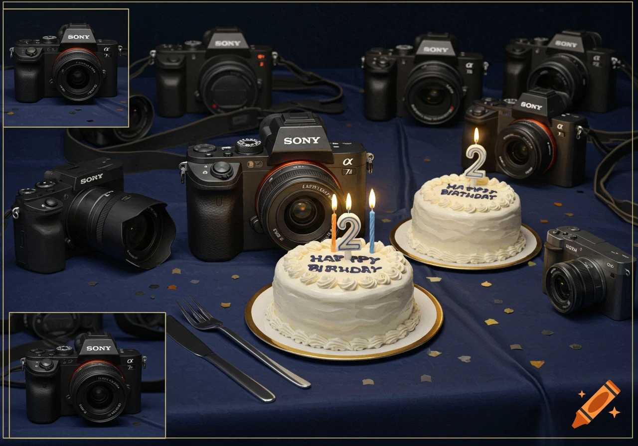 Several Sony Alpha cameras are arranged on a navy blue tablecloth with two white birthday cakes, each topped with a number 2 candle.