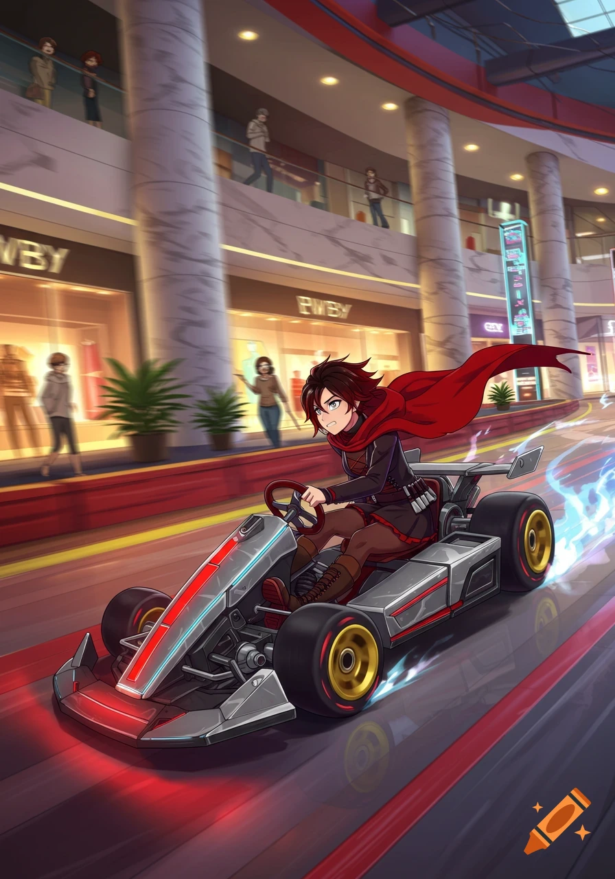 Anime character Ruby Rose from RWBY drives a racing go-kart through a brightly lit shopping mall, with blurred crowds.