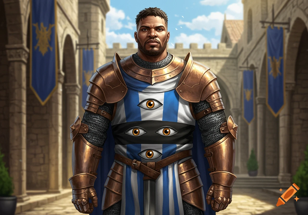 A handsome black knight in ornate copper armor and a blue and white tabard with three golden eyes stands in a castle courtyard.