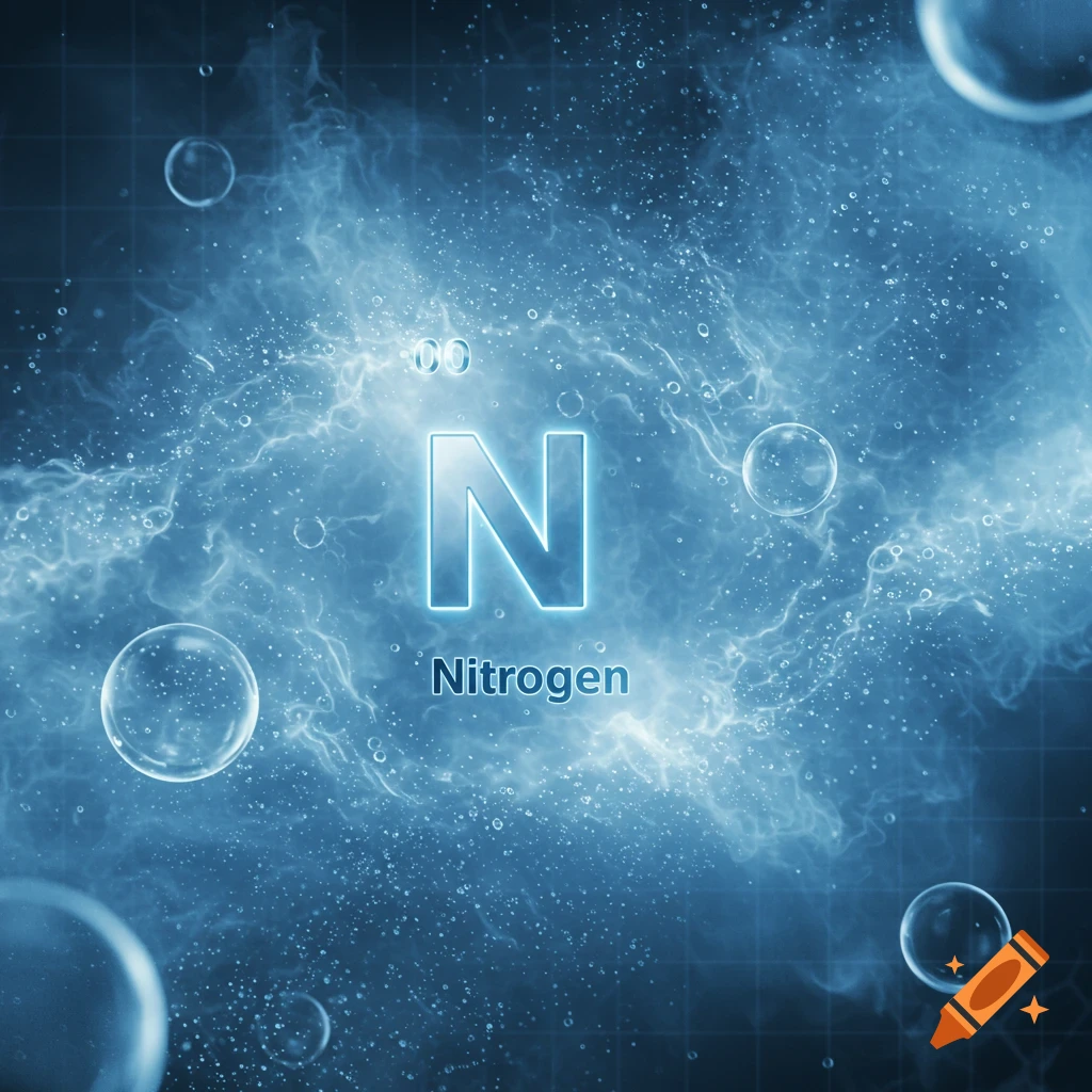 Glowing blue 'N' symbol for Nitrogen with its name below, surrounded by a swirling blue gas cloud, particles, and bubbles against a gridded scientific background.
