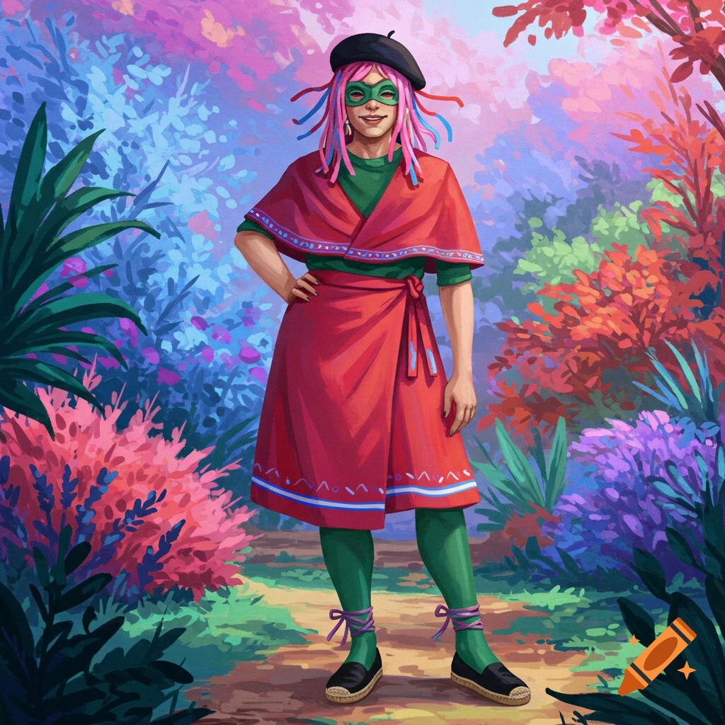 An illustrated person wearing a red cape and skirt, green tights, black beret, and green mask, with pink hair, standing in a vibrant, colorful forest.