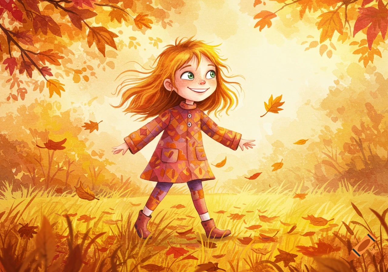 A cheerful red-haired girl with a patterned coat walks amidst falling autumn leaves in a vibrant watercolor illustration.