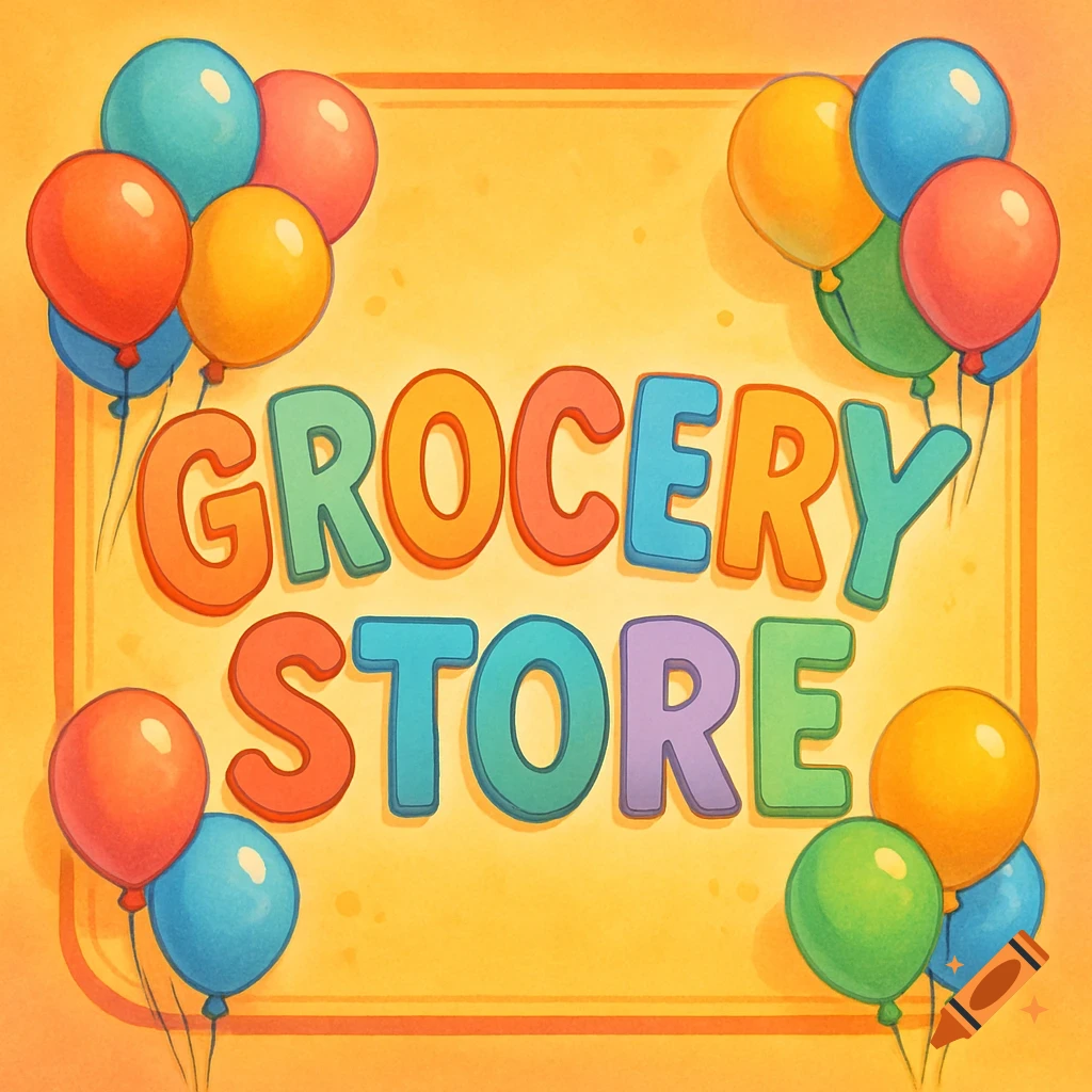 A bright yellow sign with 'GROCERY STORE' in colorful, rounded letters, surrounded by clusters of red, blue, yellow, and green balloons.