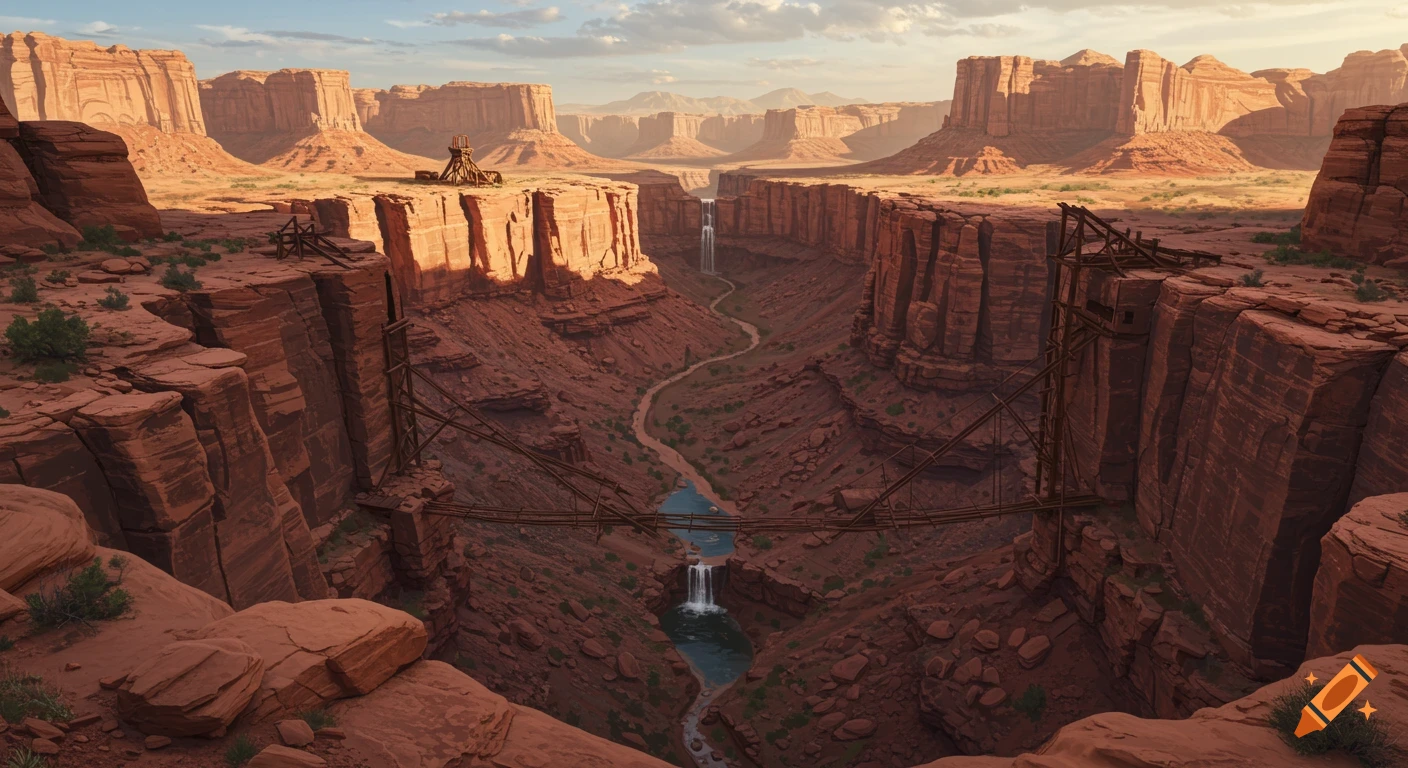 A vast, photorealistic red sandstone canyon with a winding river, waterfalls, a broken suspension bridge, and a collapsed mining tram.