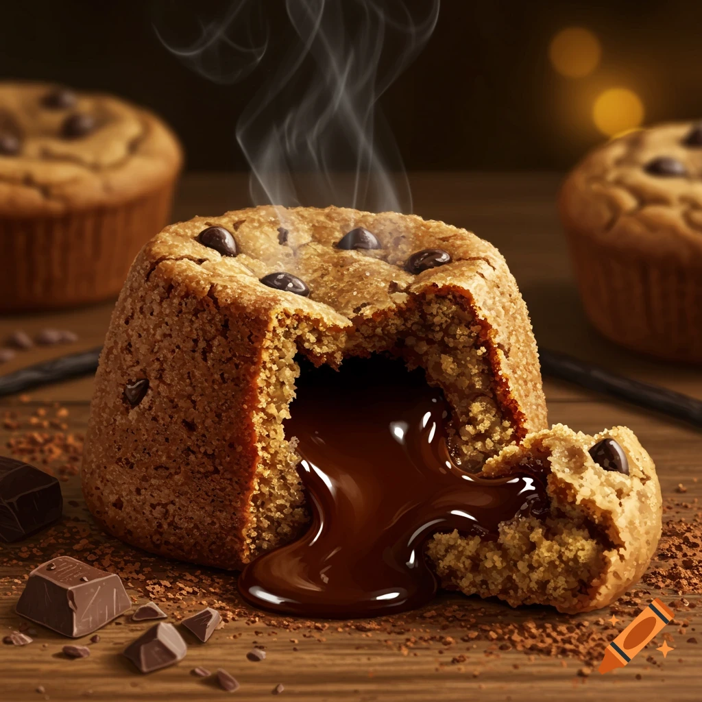 Warm chocolate chip cookie lava cake with molten chocolate spilling out, on a wooden table with chocolate pieces.