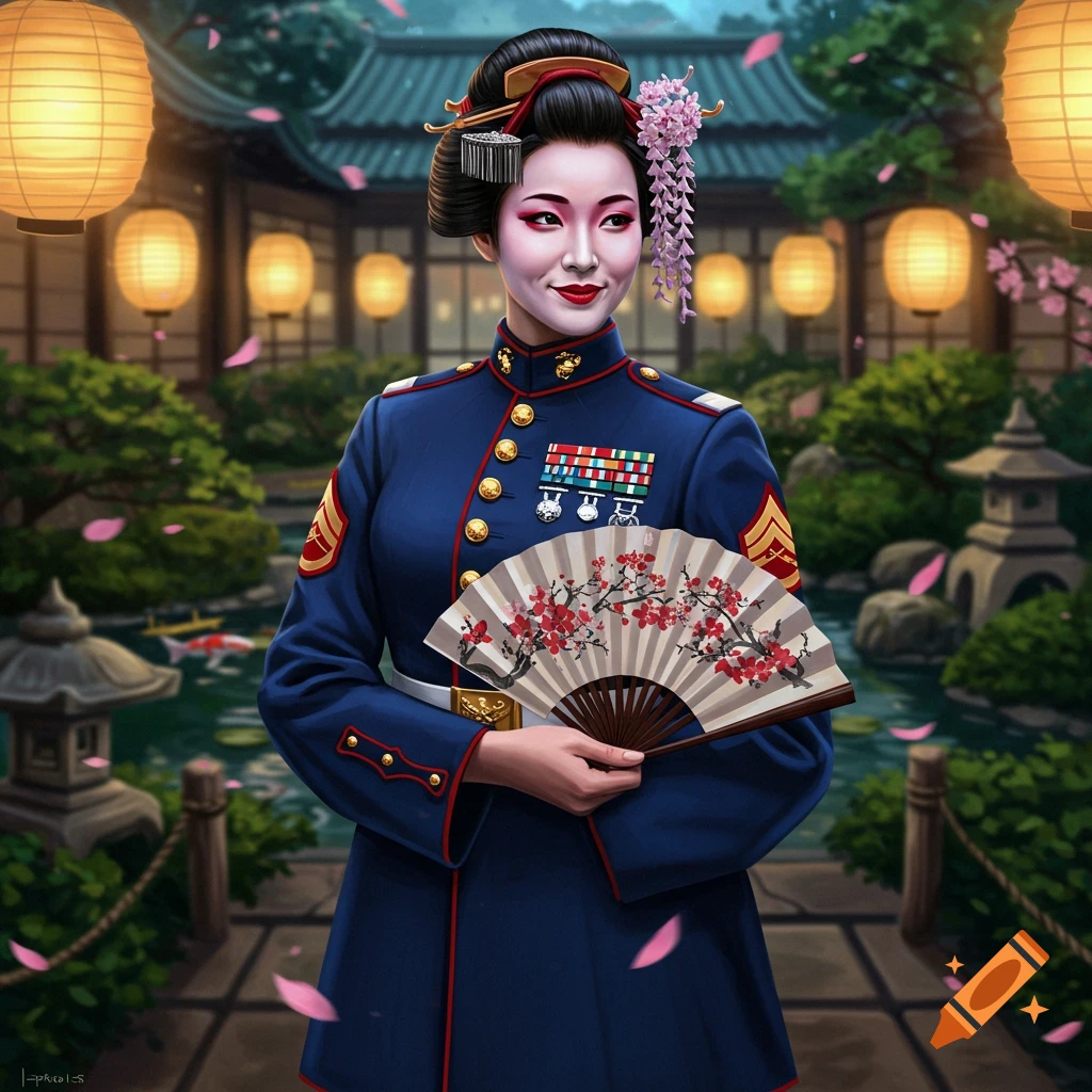 A smiling Geisha in a US Marine Corps dress uniform holds a cherry blossom fan in a Japanese garden with lanterns and falling petals, digital art.
