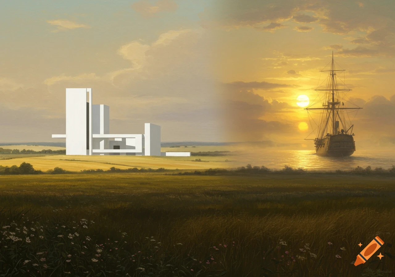 A surreal landscape split into two distinct styles: a minimalist white building in a golden field on the left, and a tall ship on a misty sea with a double sunset on the right.