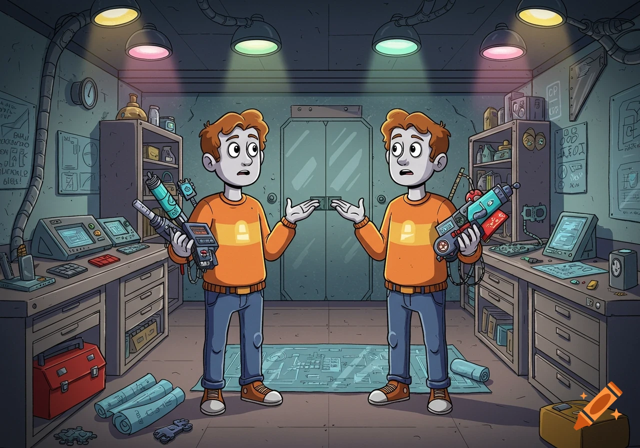 Two identical cartoon men in a cluttered sci-fi laboratory, holding raygun-like devices, looking confused in a comic-style.