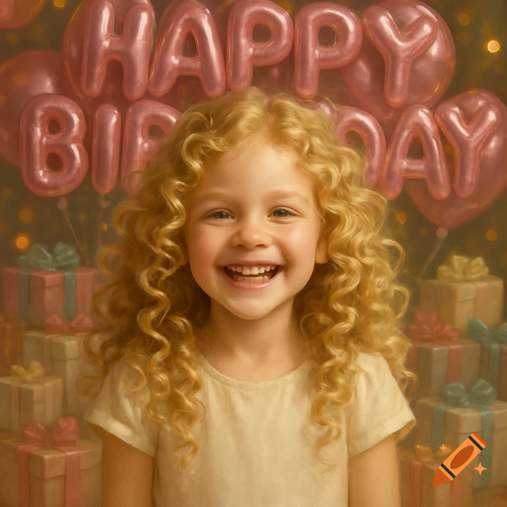 Photorealistic portrait of a smiling curly blonde girl in front of pink 'Happy Birthday' balloons and gifts.