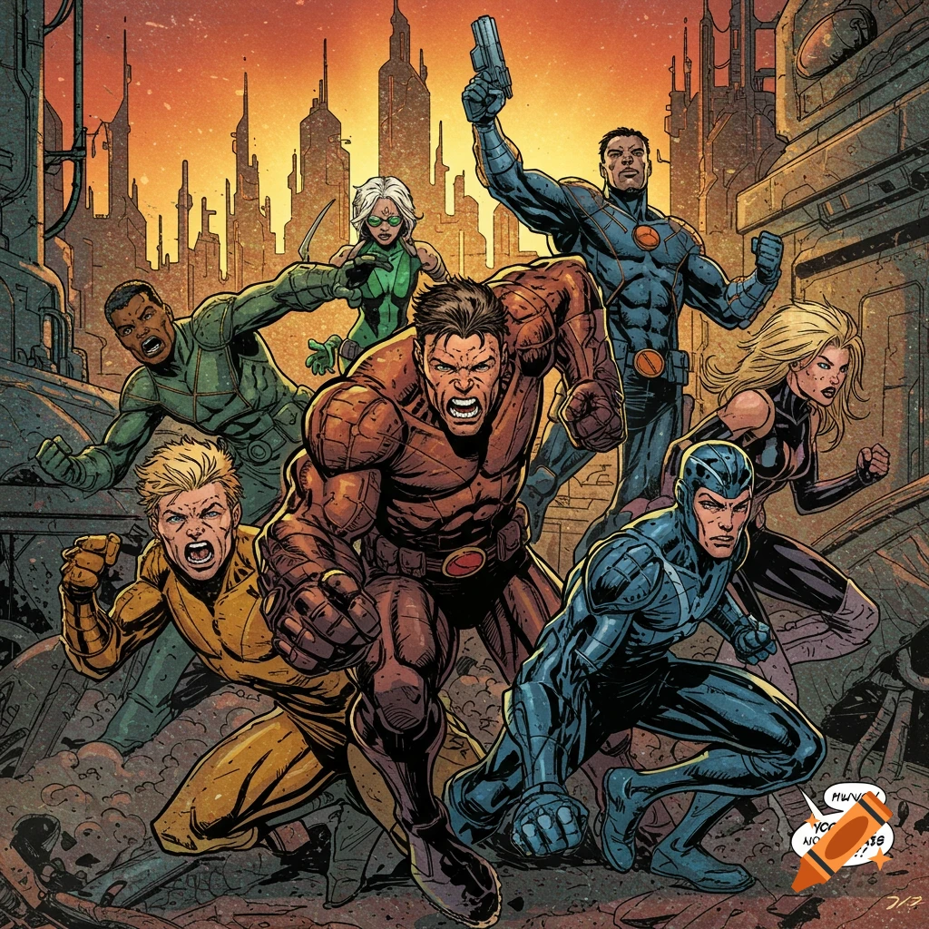A dynamic group of superheroes in various action poses, set against a futuristic cityscape at sunset, in a vibrant comic book art style.