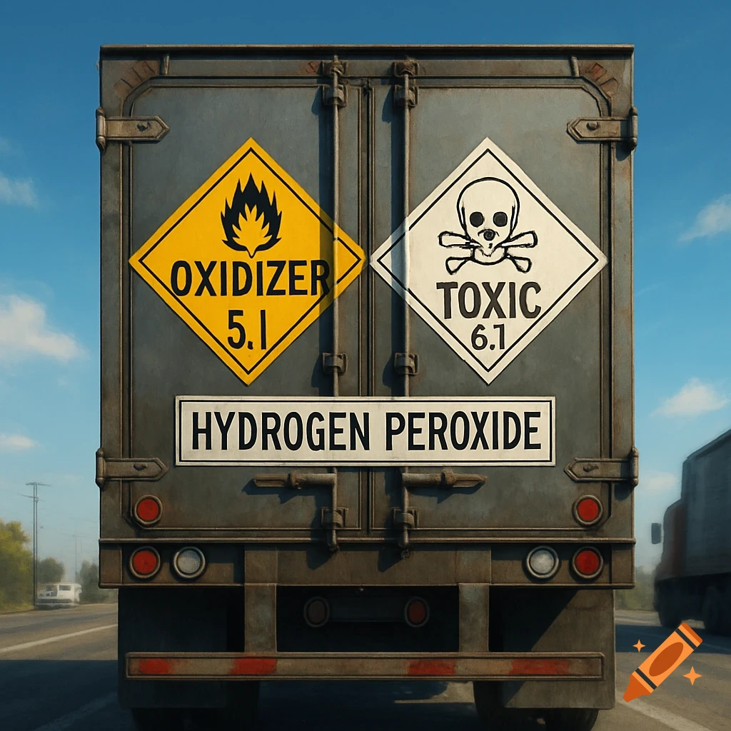 Back of a semi-truck with 'Oxidizer 5.1', 'Toxic 6.1', and 'Hydrogen Peroxide' hazardous material labels on a highway.