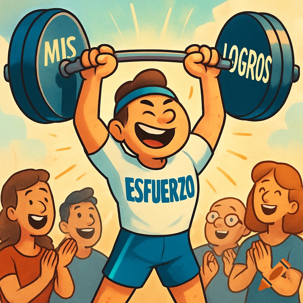 Cartoon character lifting weights labeled 'Mis logros' and wearing a shirt with 'Esfuerzo', cheered by a crowd, illustration.