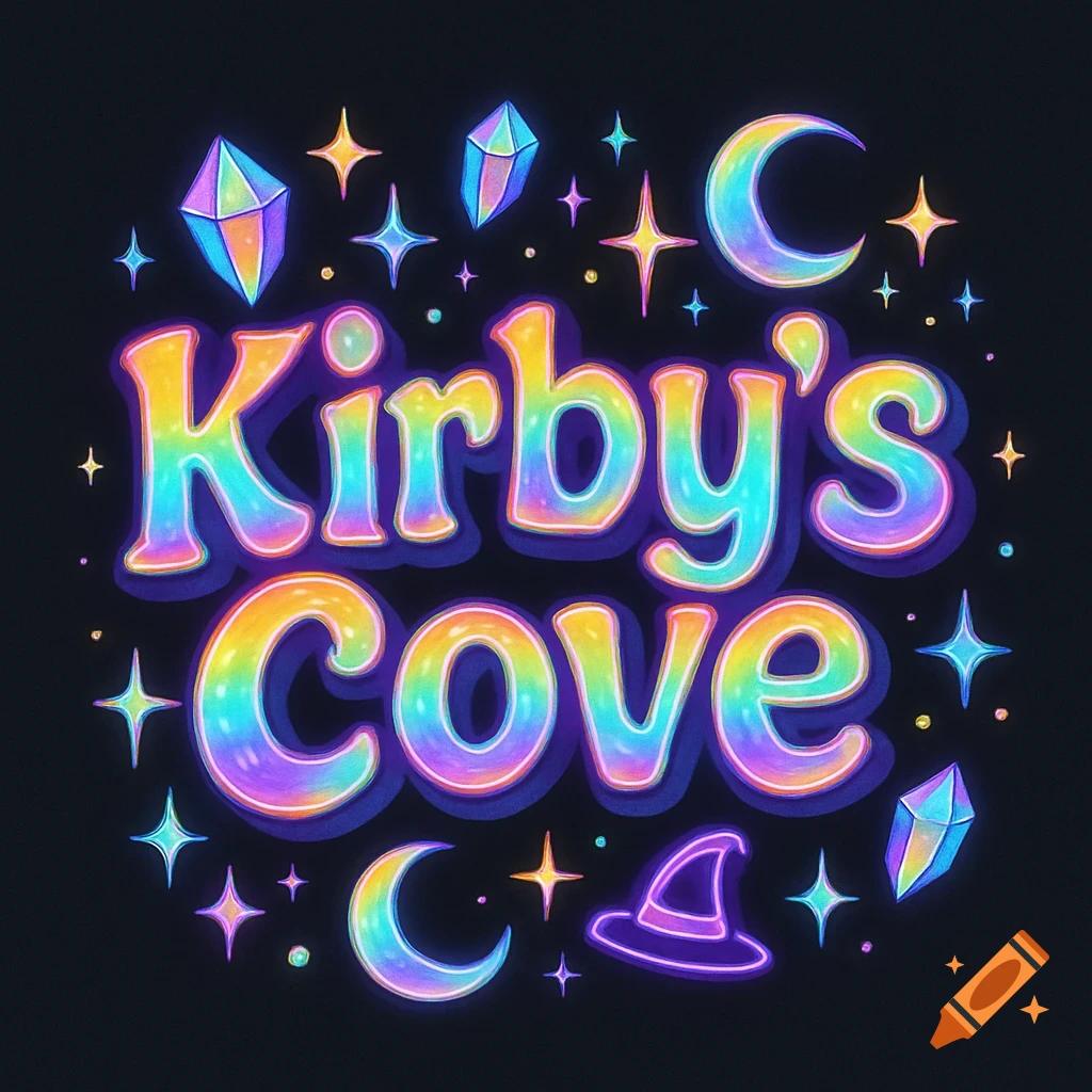 A logo for 'Kirby's Cove' in iridescent rainbow letters, surrounded by neon crystals, moons, stars, and a witch hat on a dark background.