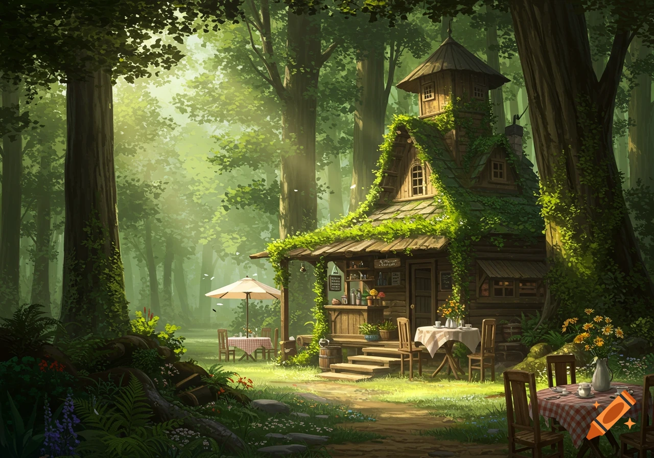 A whimsical, illustrative scene of a cozy cafe nestled deep within a sunlit, vibrant green forest, with outdoor seating.