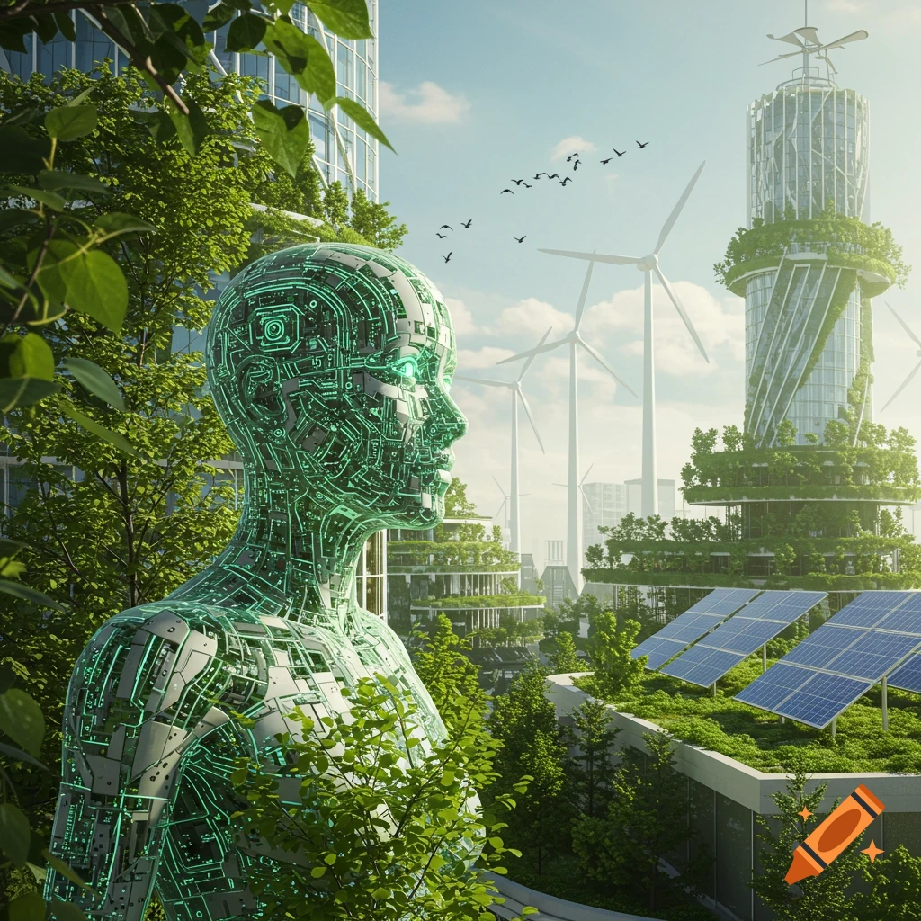 A futuristic cityscape with a transparent cyborg figure in the foreground, surrounded by green buildings, solar panels, and wind turbines.
