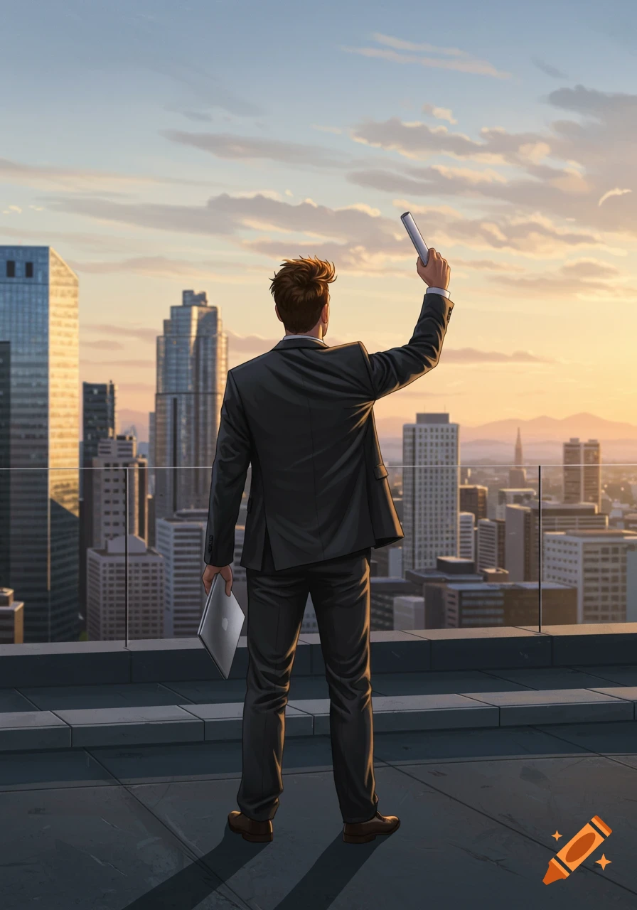 An illustrated man in a suit on a rooftop overlooks a city skyline at sunset, holding a laptop and raising a phone.