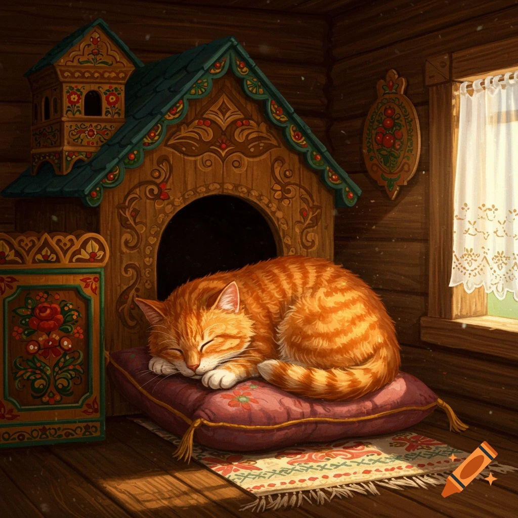 An illustrated orange tabby cat sleeps soundly on a purple pillow inside an intricately decorated wooden Russian-style cat house.