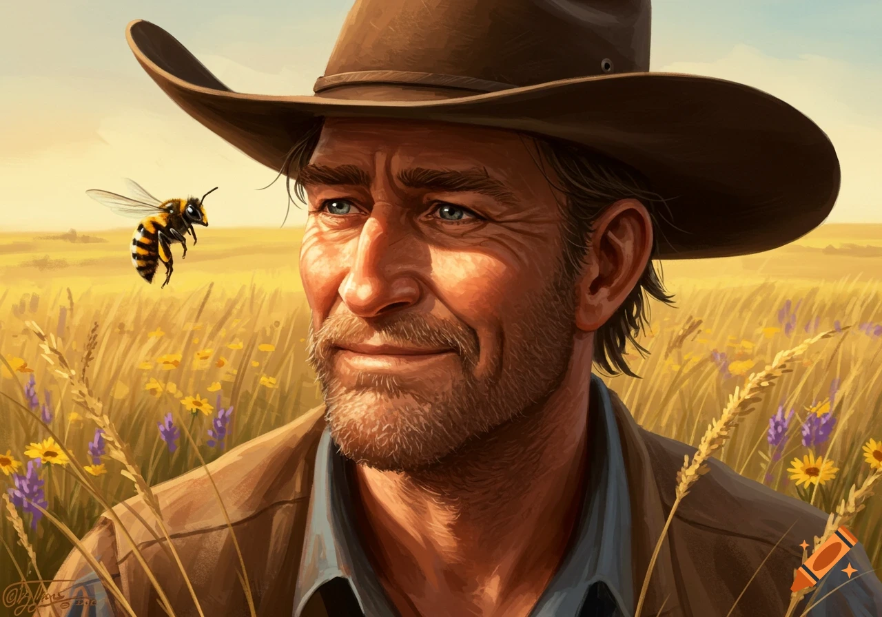 A man in a cowboy hat, with a bee flying near his face, stands in a sunny field. Illustrative style.