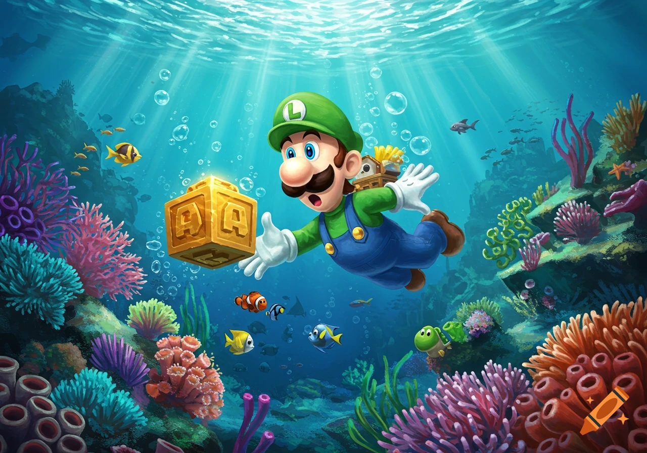Luigi swims underwater, reaching for a golden block marked 'A' in a vibrant coral reef, surrounded by fish.
