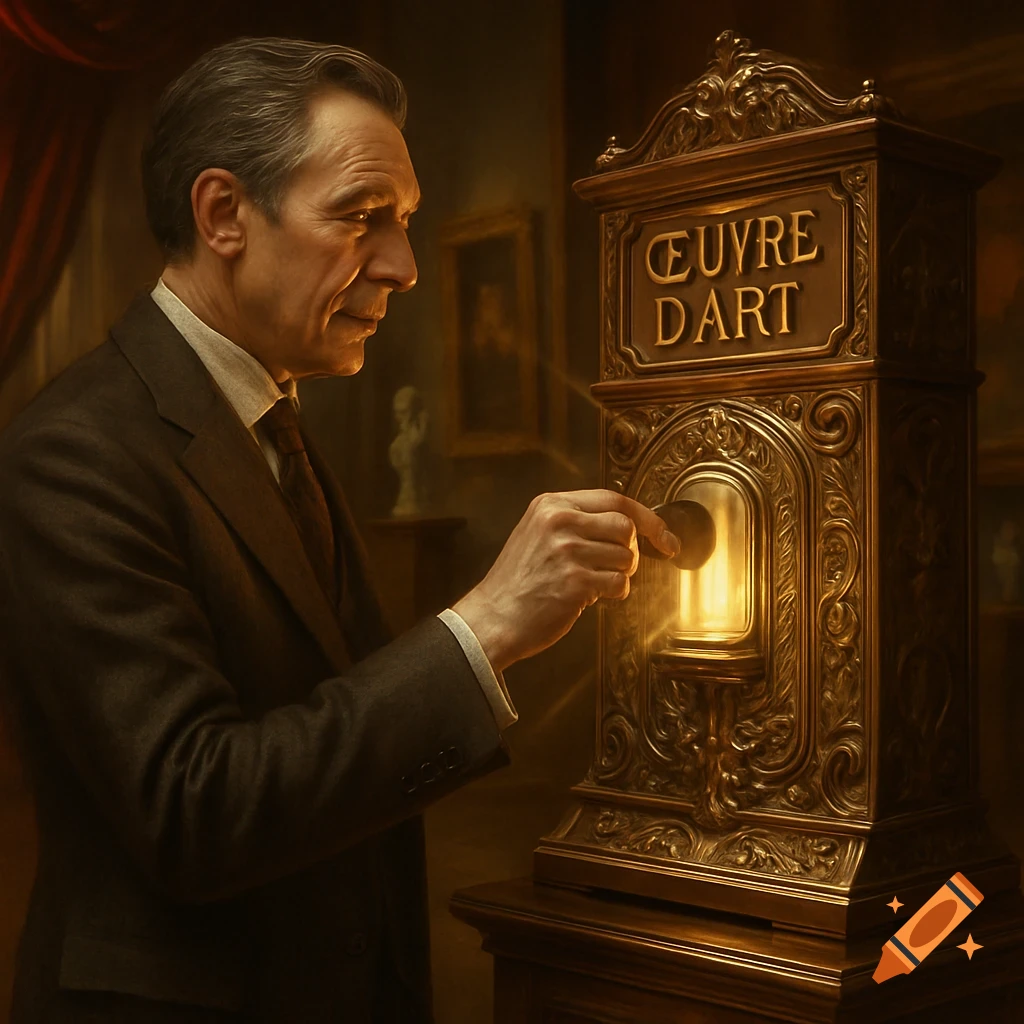 A man in a suit inserts a coin into an ornate, glowing golden machine labeled "ŒUVRE D'ART" in a dark art gallery, photorealistic.